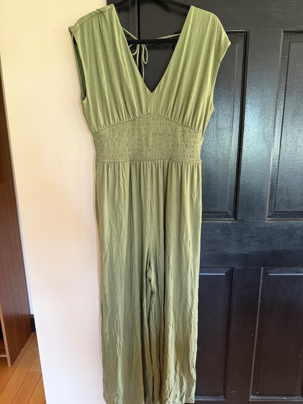 Olive Green V-Neck Smocked Waist Jumpsuit